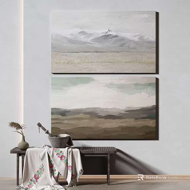 Two Landscape Paintings On Wall With Decorative Table Vase And Bowl 3d model