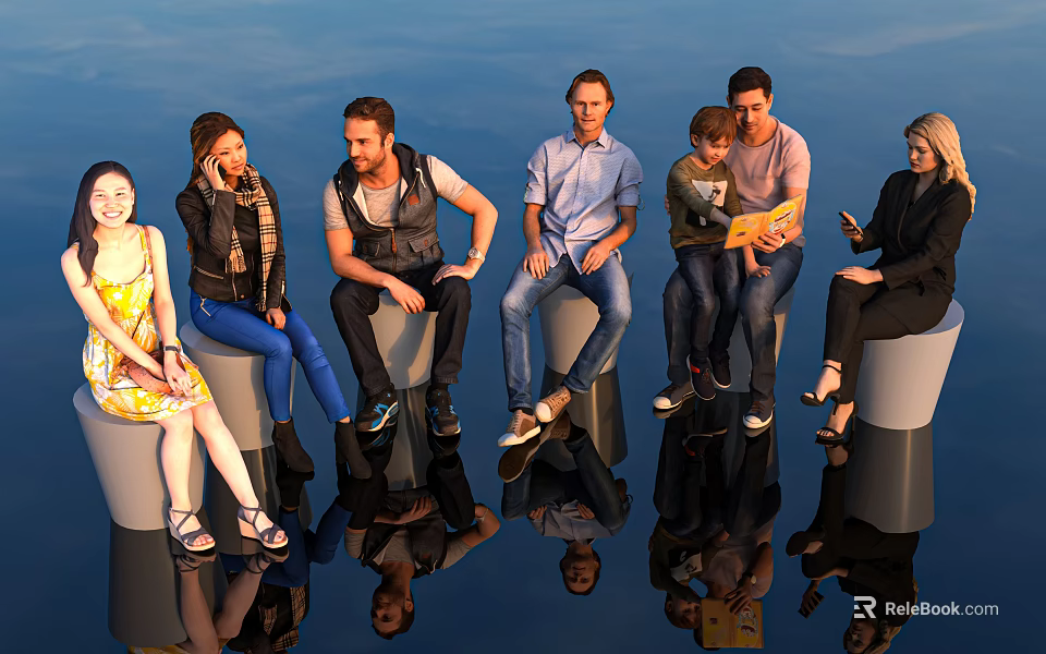 Diverse Group of People Sitting on Cylindrical Seats with Reflections on Shiny Black Floor 3d model 