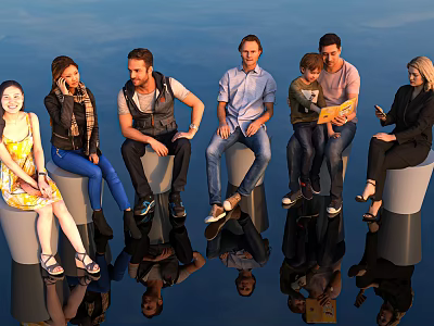 Diverse Group of People Sitting on Cylindrical Seats with Reflections on Shiny Black Floor 3d model