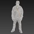 Man In Protective Suit With Gas Mask Standing Against Gray Background