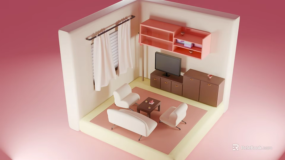 Cute Pastel Living Room Interior With Soft Sofas Coffee Table And Practical TV Storage Units 3d model 