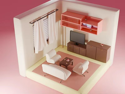 Cute Pastel Living Room Interior With Soft Sofas Coffee Table And Practical TV Storage Units 3d model