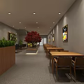 Cozy Modern Café Interior With Wooden Tables Green Plants Hanging Lights And Artwork