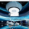 Futuristic Interior Scene with White Spherical Objects Blue Wavy Lines Reflective Floor and Circular Lamp
