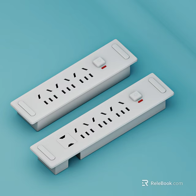 Two White Power Strips With Multiple Sockets And Red Switches On Light Blue Background 3d model 