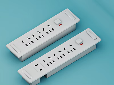 Two White Power Strips With Multiple Sockets And Red Switches On Light Blue Background 3d model