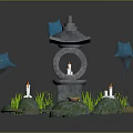 Stone Lantern Architectural Structure With Blue Decorative Elements White Statues And Green Grass