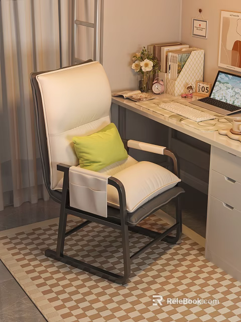 Comfortable White Leisure Chair with Green Pillow in Home Office with Desk Laptop and Clock 3d model 