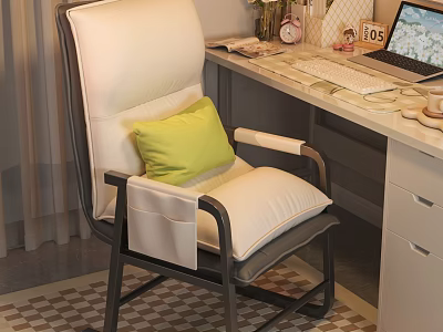 Comfortable White Leisure Chair with Green Pillow in Home Office with Desk Laptop and Clock 3d model