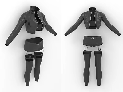 Stylish Black Leather Jacket Outfit With High Waist Shorts And Thigh High Stockings 3d model