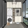 Home Balcony Functional Space with Washing Machine Dryer Storage Cabinets and Potted Plant