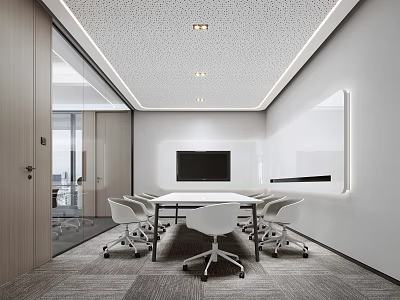 Modern Conference Room Interior With Long Table White Chairs Ceiling Lights And Wall TV 3d model