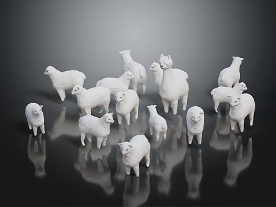Group of White Sheep with Various Sizes Standing on Black Background Showing Reflections 3d model