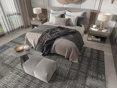 Modern Double Bed Setup With Pillows Blanket Nightstands Table Lamps And Rug 3d model