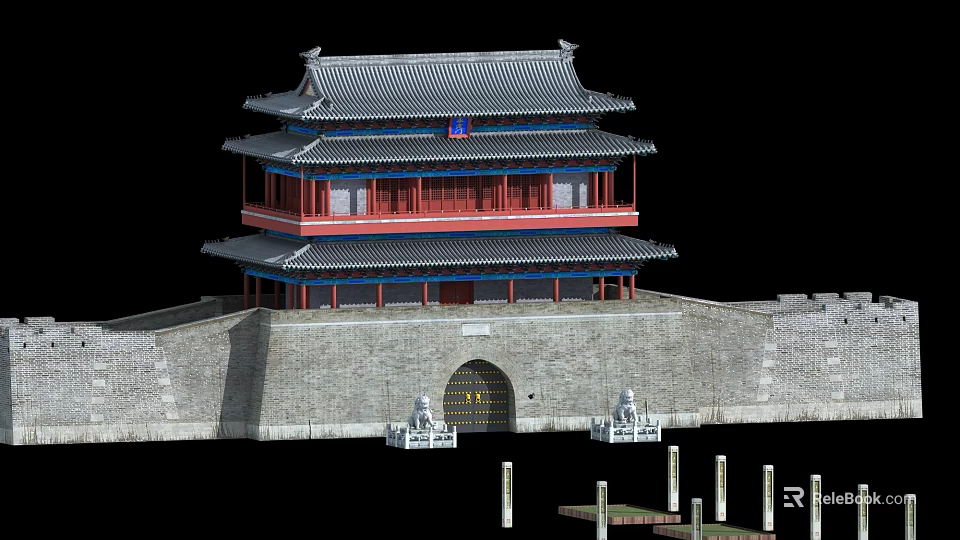 Ancient Traditional Architecture Multi story Gate Tower With Gray Tiled Roof Red Walls And Stone Lions 3d model 