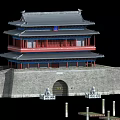 Ancient Traditional Architecture Multi story Gate Tower With Gray Tiled Roof Red Walls And Stone Lions