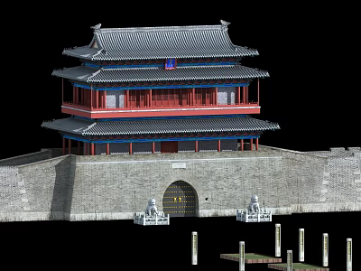 Ancient Traditional Architecture Multi story Gate Tower With Gray Tiled Roof Red Walls And Stone Lions 3d model
