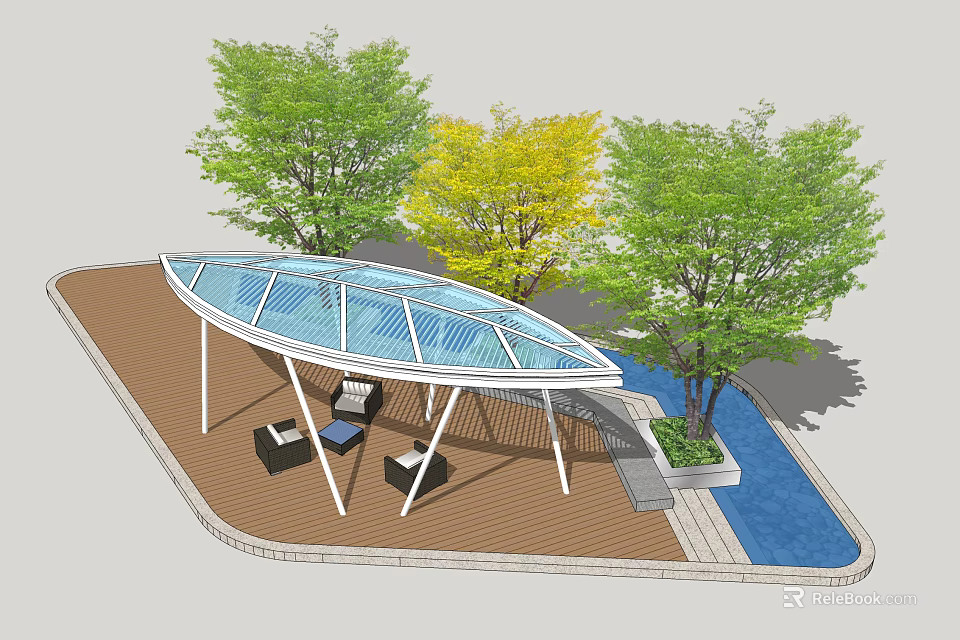 Outdoor Leisure Area With Wooden Deck Glass Roof Trees And Water Feature 3d model 