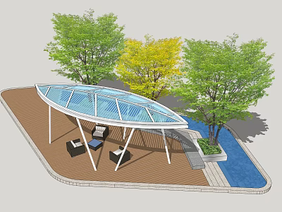 Outdoor Leisure Area With Wooden Deck Glass Roof Trees And Water Feature 3d model