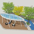 Outdoor Leisure Area With Wooden Deck Glass Roof Trees And Water Feature