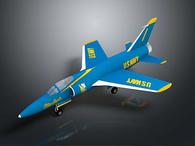 Blue and Yellow US Navy Model Jet Airplane with Yellow Stripes on Wings and Tail 3d model