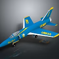 Blue and Yellow US Navy Model Jet Airplane with Yellow Stripes on Wings and Tail