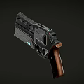 Futuristic Sci Fi Pistol Weapon With Wooden Grip Metallic Body And Blue Light Design