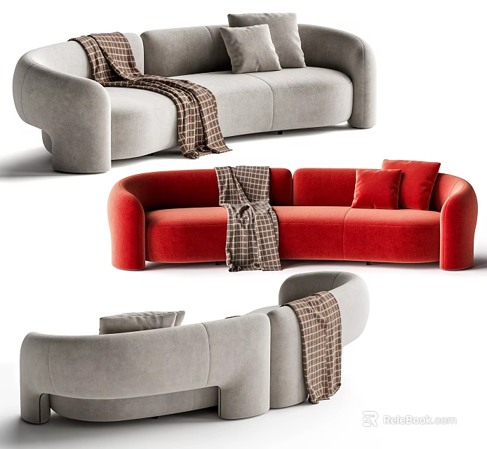 Modern Sectional Sofas In Gray And Red With Curved Design And Plaid Blanket 3d model