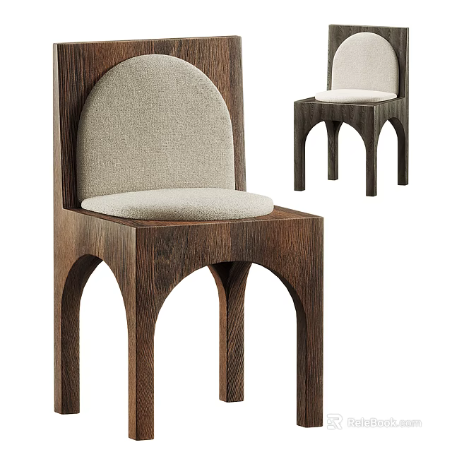 Modern Wooden Dining Chair With Arched Legs And Beige Fabric Seat 3d model 