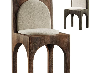 Modern Wooden Dining Chair With Arched Legs And Beige Fabric Seat 3d model