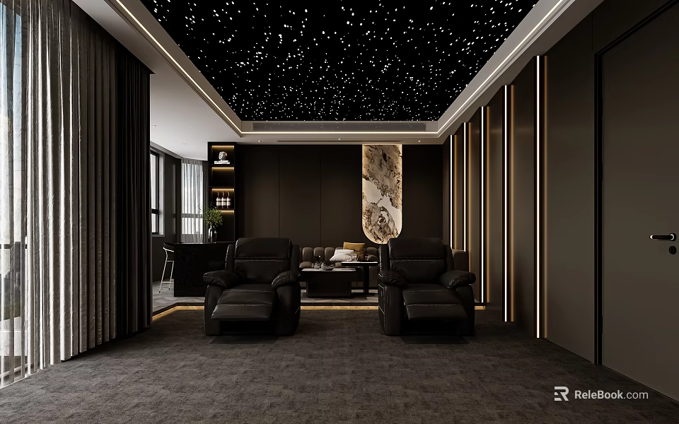 Home Theater Interior With Starry Ceiling And Leather Recliners 3d model 