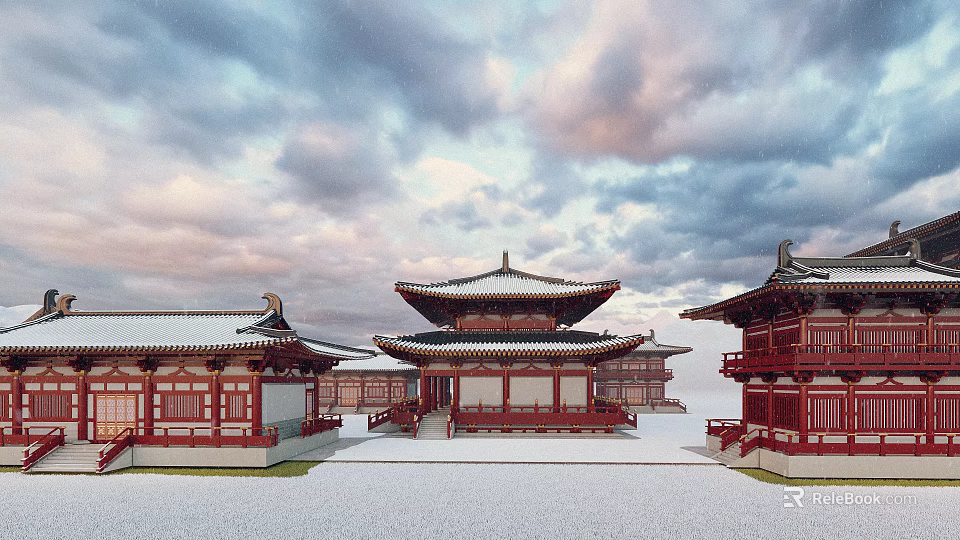 Ancient Chinese Architecture With Multi Layered Roofs Overhanging Eaves And Snow Covered Ground 3d model 