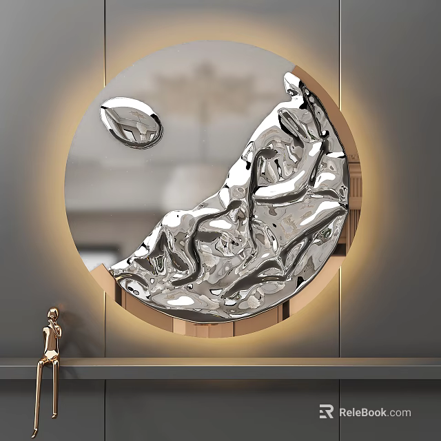 Modern Round Wall Decor With Silver Wavy Texture Gold Frame And Illuminated Accent 3d model