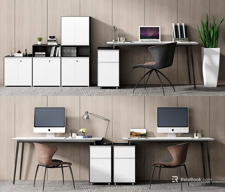 Modern Office Desk Setup With Computer Monitor Chair Storage Cabinets And Plant 3d model 