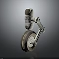 White Robotic Character With Mechanical Arm Large Wheel And Warning Label On Cylindrical Body
