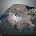 Detailed Volcanic Terrain 3D Model With Snowy Crater Lava Flows Green Vegetation And Blue Water