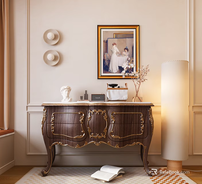 Walnut Console Table with Gold Accents Framed Painting Sculpture and Table Lamp 3d model 