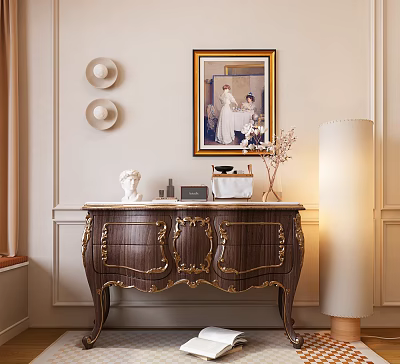 Walnut Console Table with Gold Accents Framed Painting Sculpture and Table Lamp 3d model