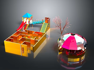 Colorful Kids Playground Equipment With Yellow Maze Blue Roof Slide And Pink Transparent Dome 3d model