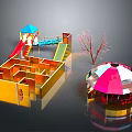 Colorful Kids Playground Equipment With Yellow Maze Blue Roof Slide And Pink Transparent Dome
