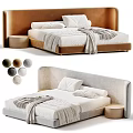 Double Bed with Upholstered Headboard White Bedding Cozy Blanket Round Nightstand and Color Options
