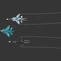Three Light Blue and Gray Fighter Jets Flying with Trails Against Dark Background