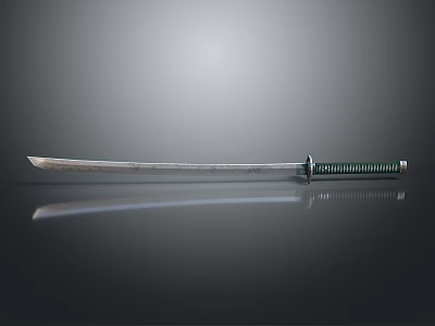 Traditional Samurai Sword With Silver Blade And Green Handle On Black Surface 3d model