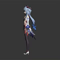 Anime Style Female Character With Blue Hair White Costume Purple Stockings And Red Shoes
