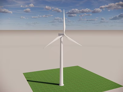 White Wind Turbine Standing On Green Grass Under Blue Sky With Clouds 3d model