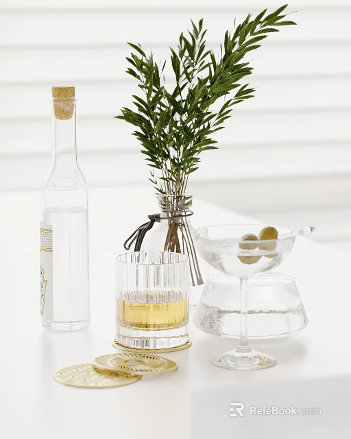 Decorative Ornament Set With Glass Vase Green Plant Cup Olive And Clear Bottle 3d model 