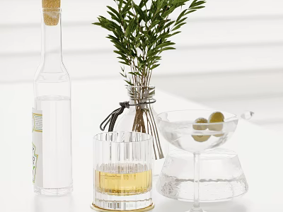 Decorative Ornament Set With Glass Vase Green Plant Cup Olive And Clear Bottle 3d model