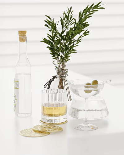 Decorative Ornament Set With Glass Vase Green Plant Cup Olive And Clear Bottle 3d model