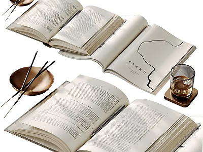 Stylish Decorative Ornament Set With Open Books Brass Tray Chopsticks And Glass Cup 3d model
