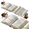 Stylish Decorative Ornament Set With Open Books Brass Tray Chopsticks And Glass Cup